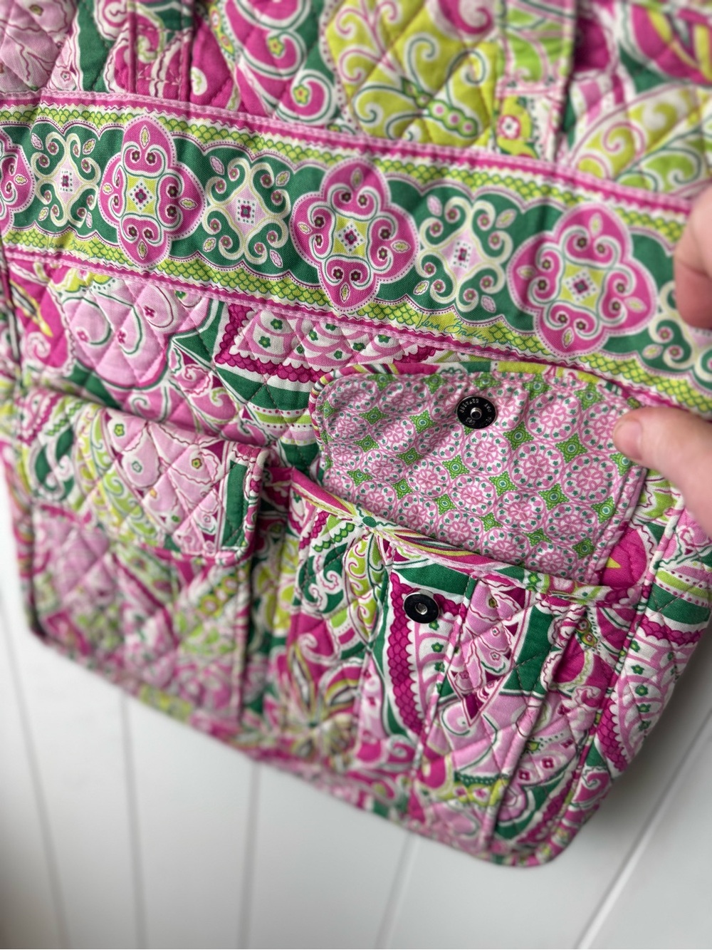Vera Bradley Pink Green Zip Tall Tote Shoulder Bag Pinwheel Pink Retired - Picture 6 of 10